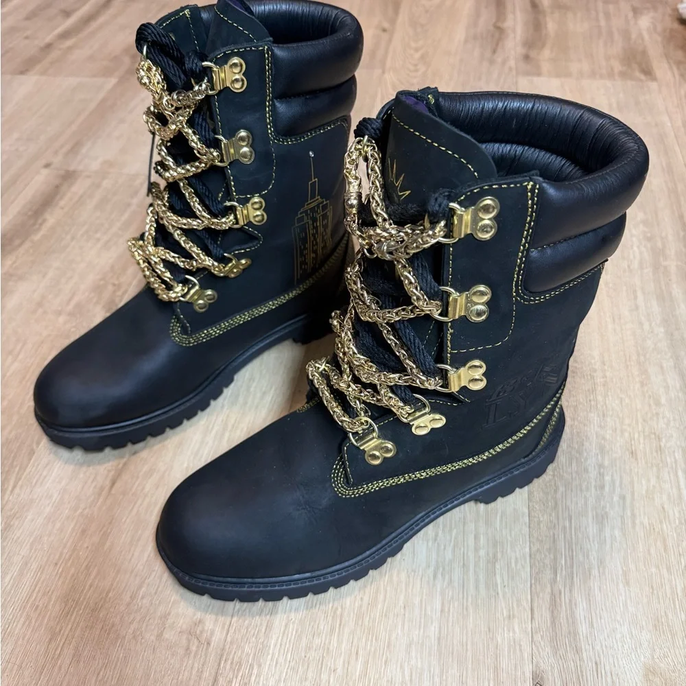 Timberland Planet Brooklyn PRO CUSTOM MADE Black and Plated Gold Chain Boots - Picture 3 of 16